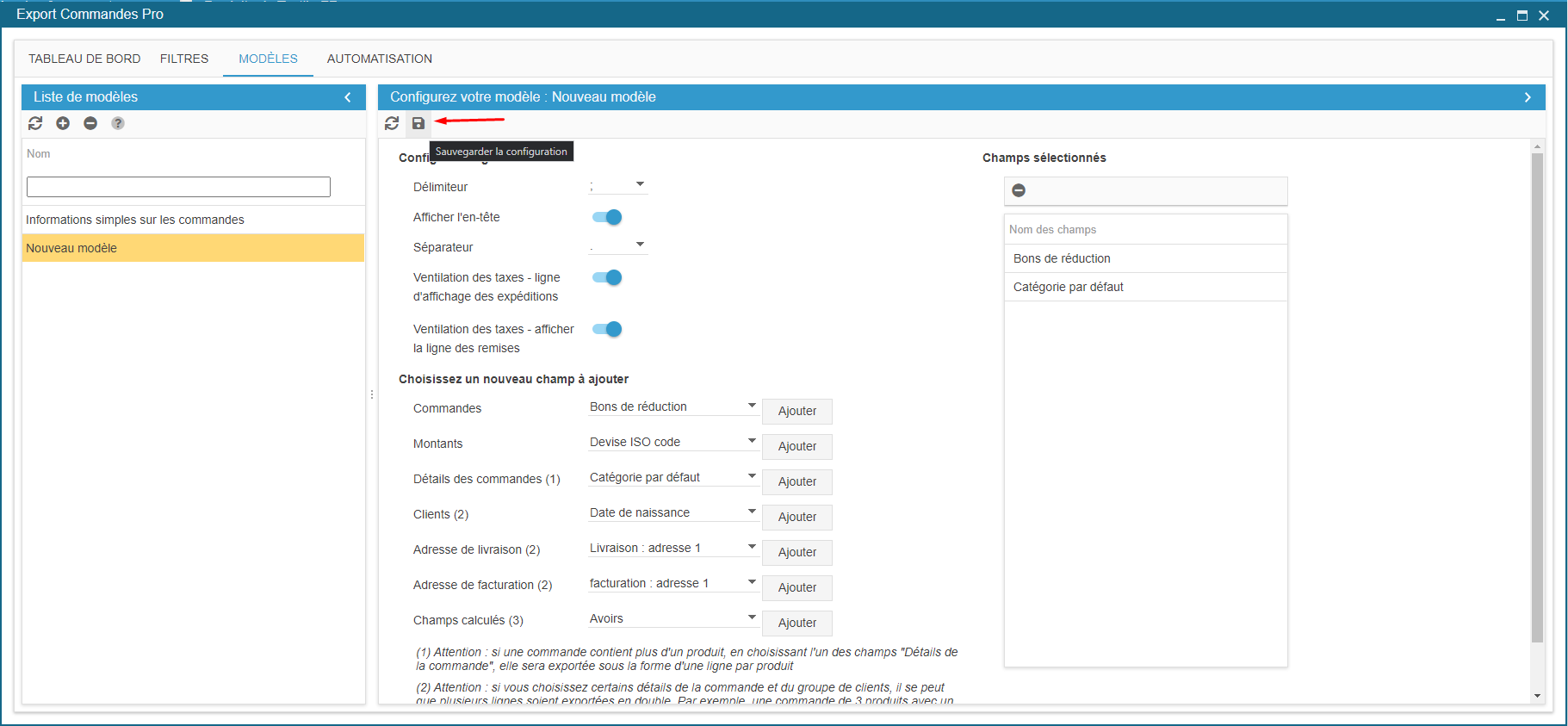 Comment puis-je exporter un fichier de mes commandes ? Quelles sont les  informations incluses ?